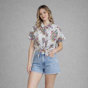 Vintage Floral Tie Front Crop Button Up Shirt Women's Medium